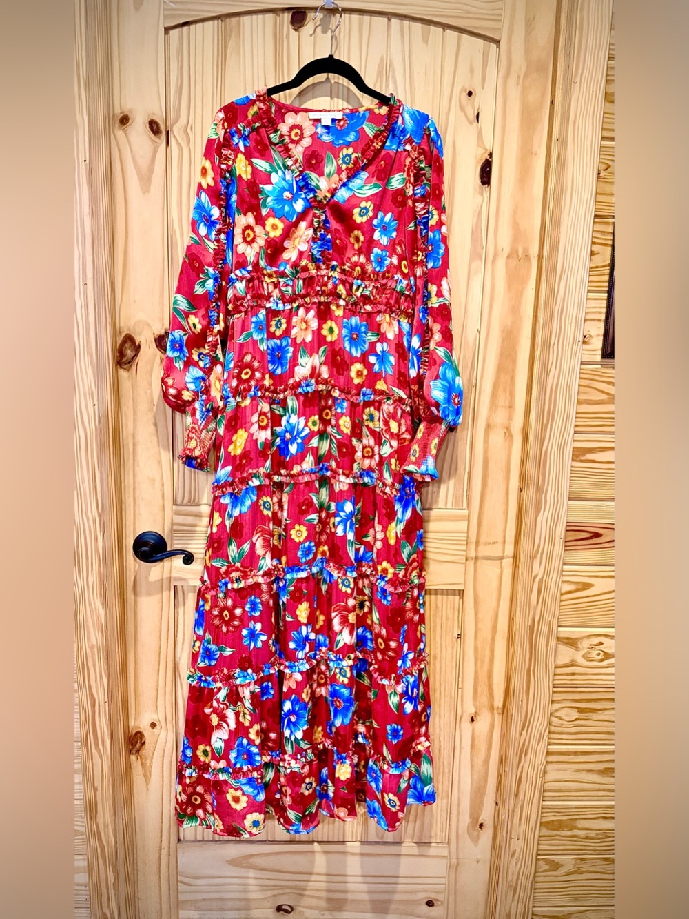 Chelsea & Violet Red Floral Tiered Maxi Dress with Blue & Yellow Blooms